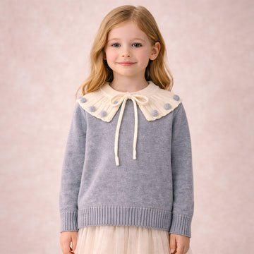 Cream & Grey Dot Collar Winter Cardigan, Winter Cardigan Sweater for Kids