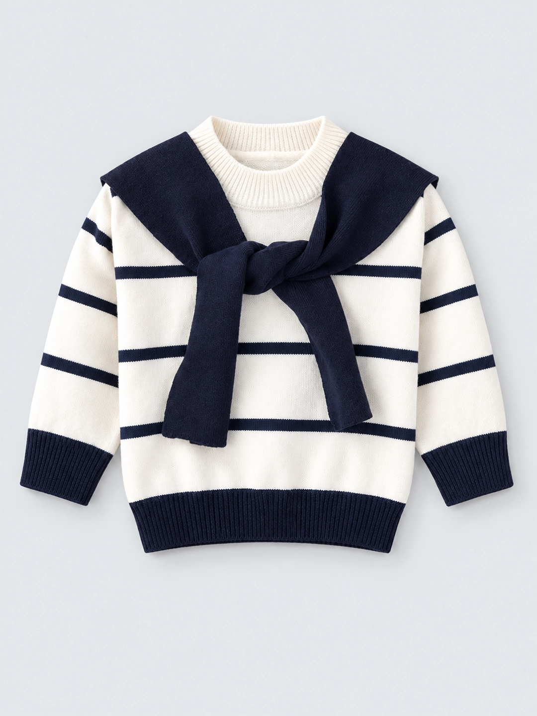 Cream & Navy Stripes Cardigan with Muffler, Winter Cardigan Sweater for Kids