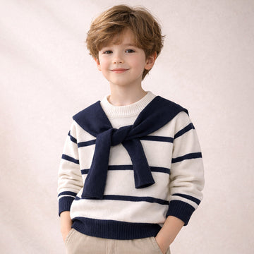 Cream & Navy Stripes Cardigan with Muffler, Winter Cardigan Sweater for Kids