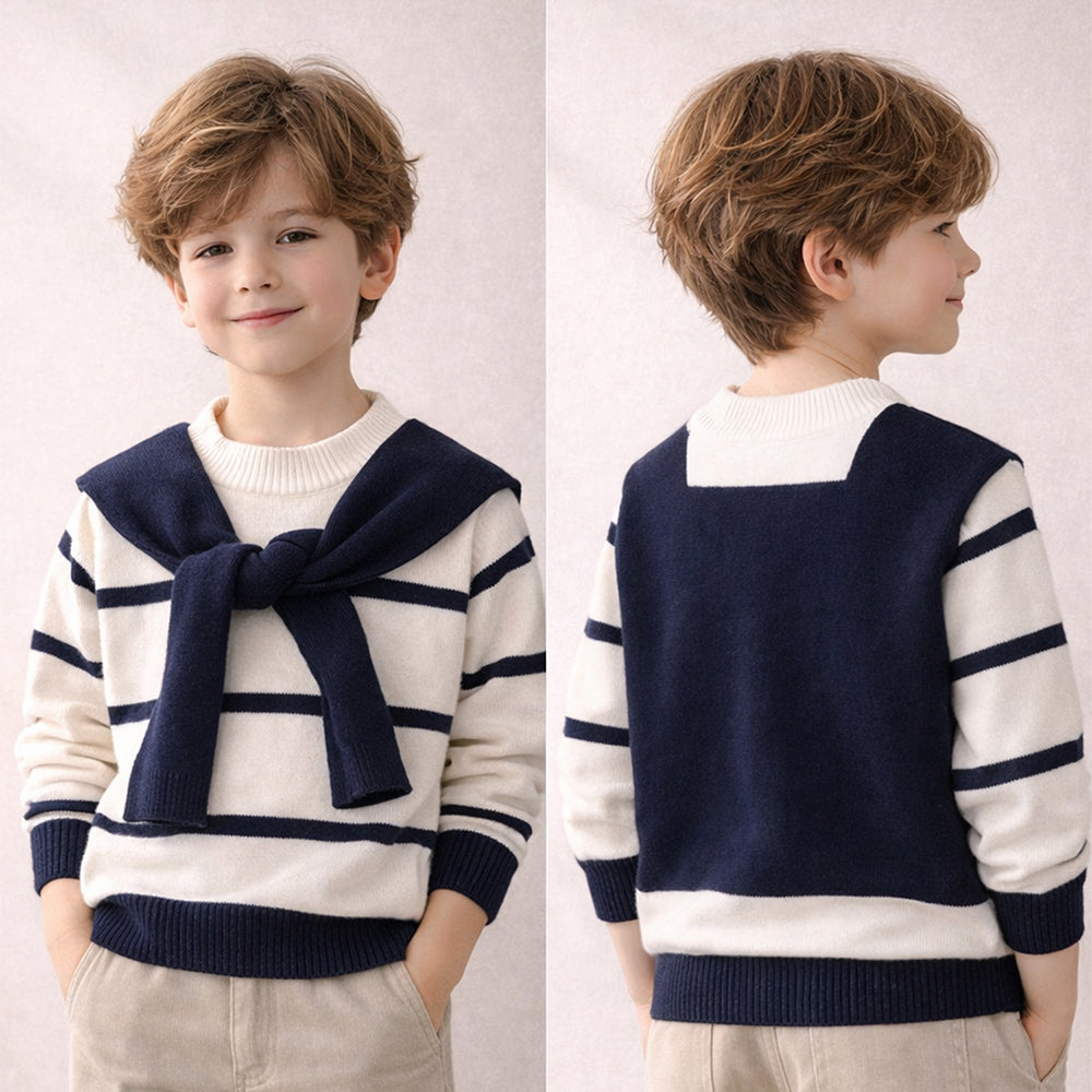 Cream & Navy Stripes Cardigan with Muffler, Winter Cardigan Sweater for Kids
