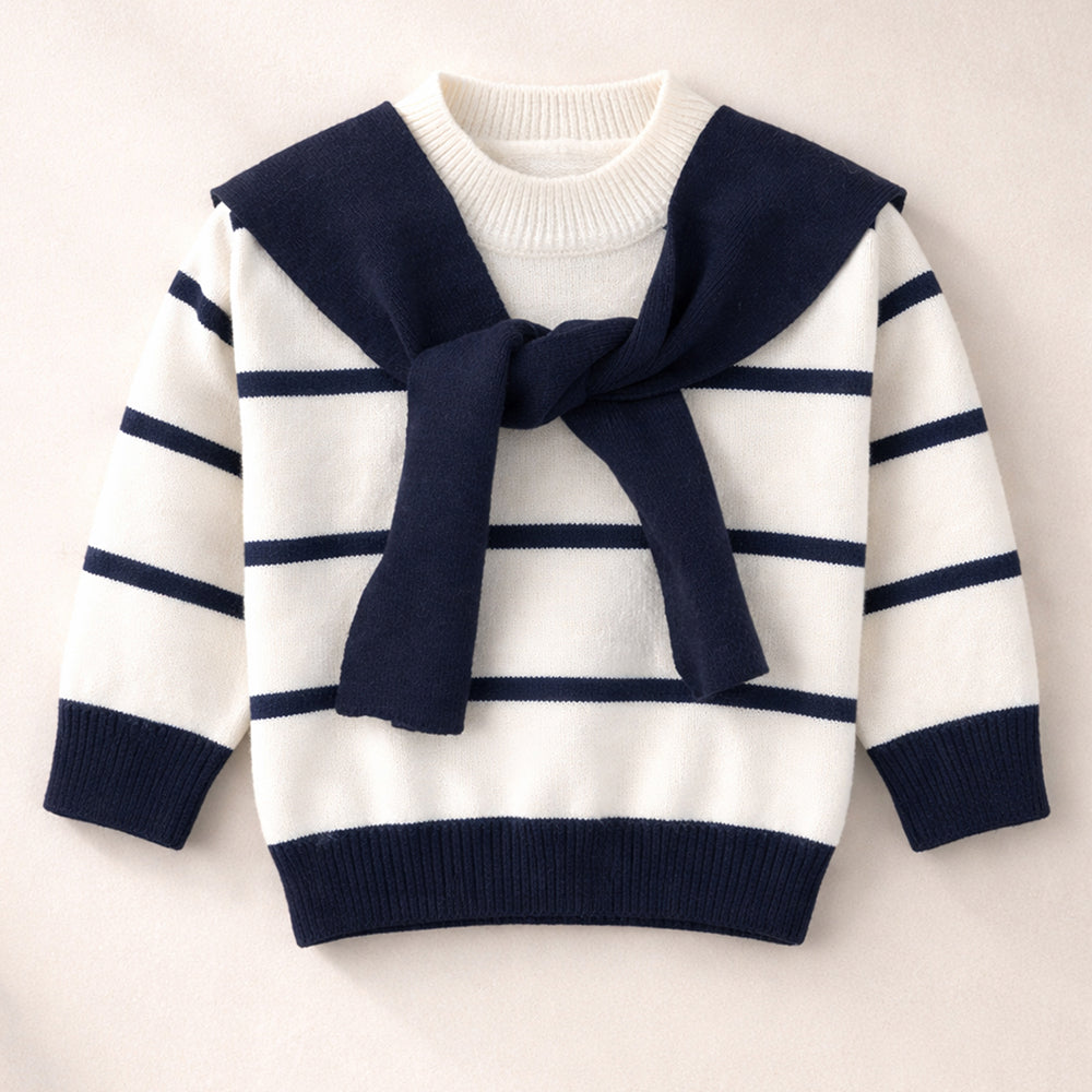 Cream & Navy Stripes Cardigan with Muffler, Winter Cardigan Sweater for Kids
