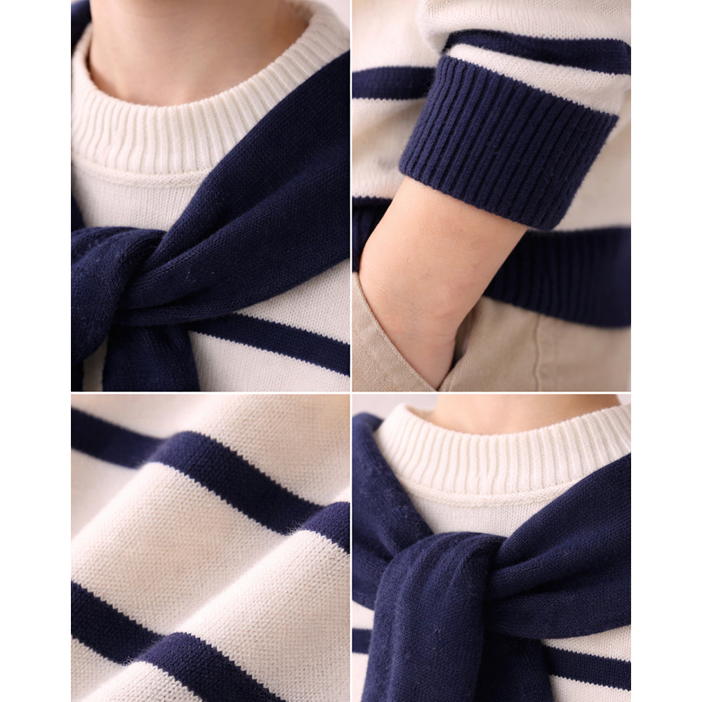 Cream & Navy Stripes Cardigan with Muffler, Winter Cardigan Sweater for Kids