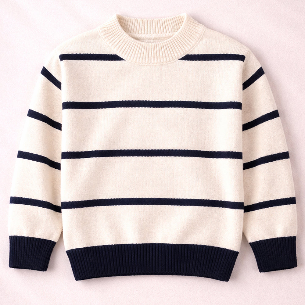 Cream & Navy Stripes Cardigan with Muffler, Winter Cardigan Sweater for Kids