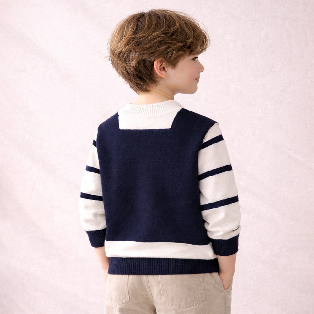 Cream & Navy Stripes Cardigan with Muffler, Winter Cardigan Sweater for Kids