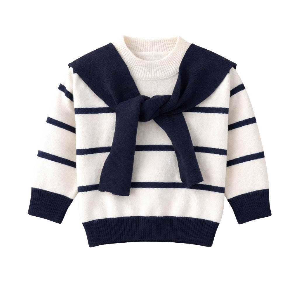 Cream & Navy Stripes Cardigan with Muffler, Winter Cardigan Sweater for Kids