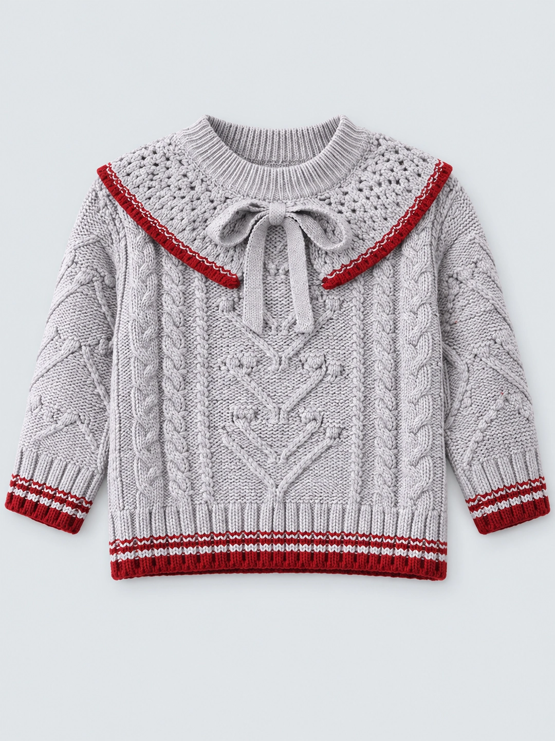Grey Sweater with Red Border, Winter Cardigan Sweater for Kids