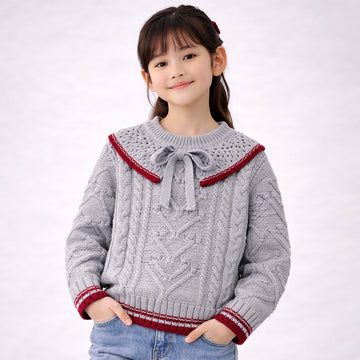 Grey Sweater with Red Border, Winter Cardigan Sweater for Kids