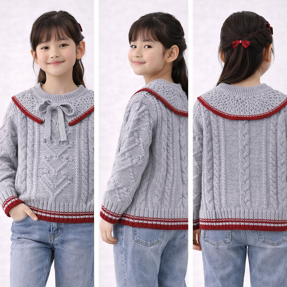 Grey Sweater with Red Border, Winter Cardigan Sweater for Kids
