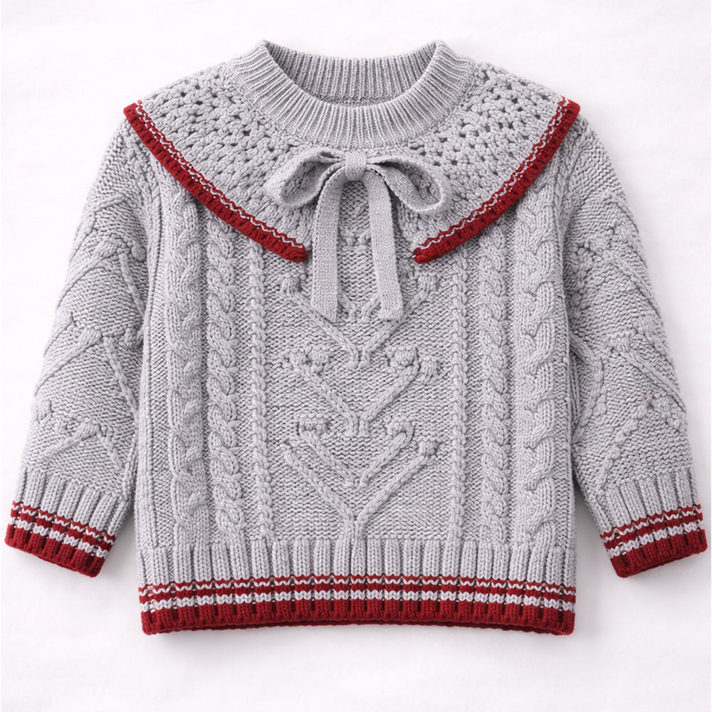 Grey Sweater with Red Border, Winter Cardigan Sweater for Kids