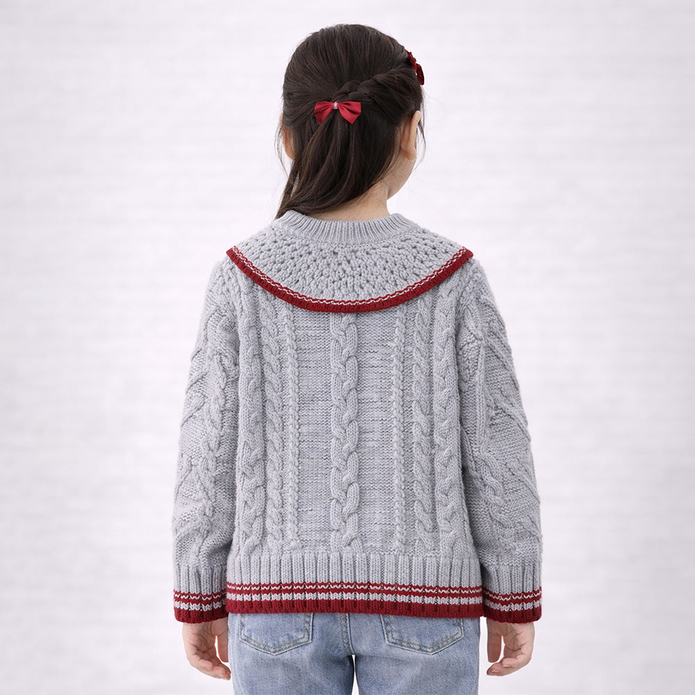 Grey Sweater with Red Border, Winter Cardigan Sweater for Kids