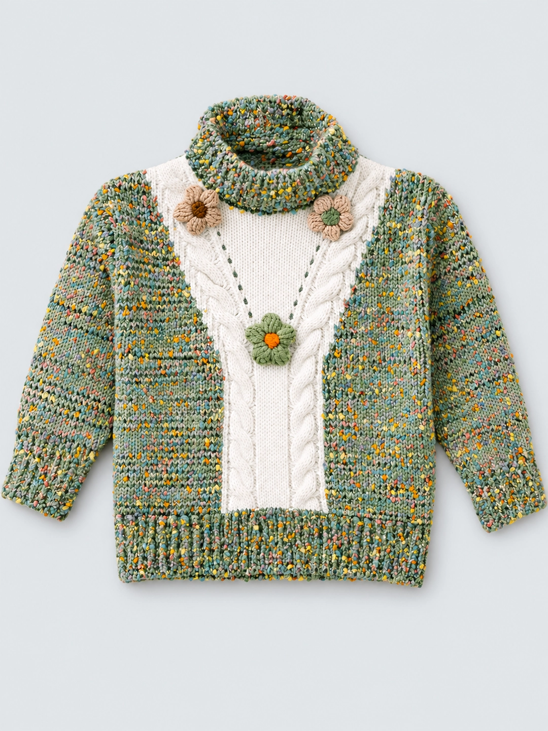 Green Multicolour Flower Knit Sweater, Winter Cardigan Sweater for Kids