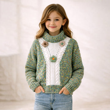 Green Multicolour Flower Knit Sweater, Winter Cardigan Sweater for Kids