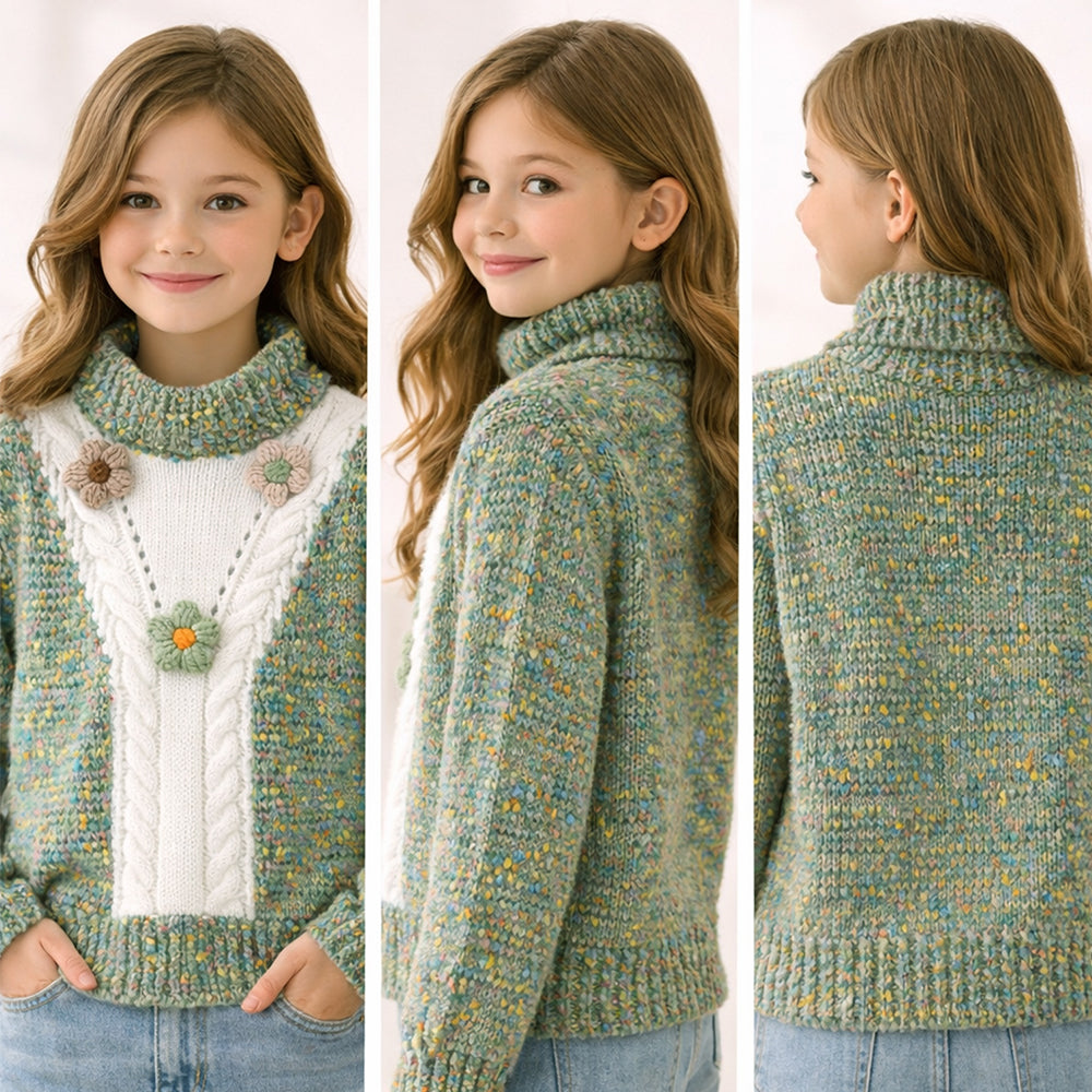 Green Multicolour Flower Knit Sweater, Winter Cardigan Sweater for Kids