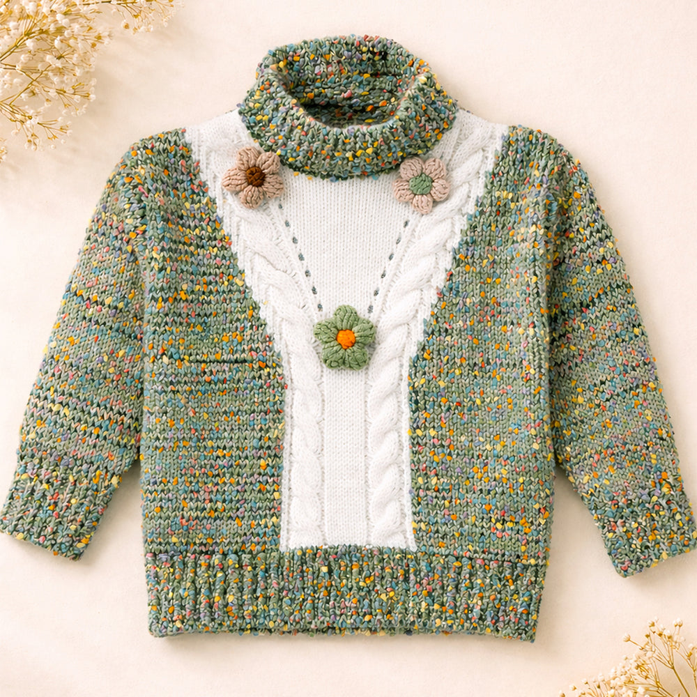Green Multicolour Flower Knit Sweater, Winter Cardigan Sweater for Kids