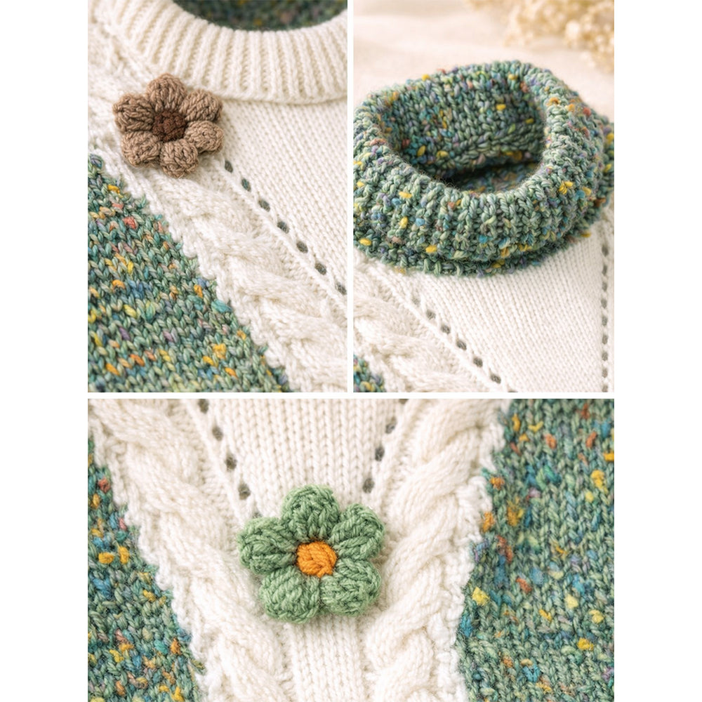 Green Multicolour Flower Knit Sweater, Winter Cardigan Sweater for Kids