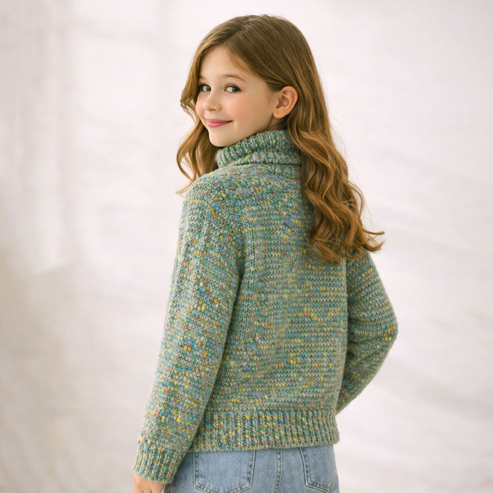 Green Multicolour Flower Knit Sweater, Winter Cardigan Sweater for Kids