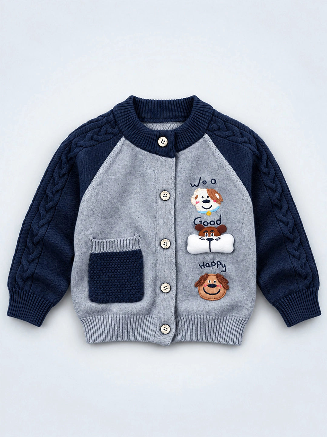 Grey & Navy Blue Puppy Winter Cardigan Sweater for Kids