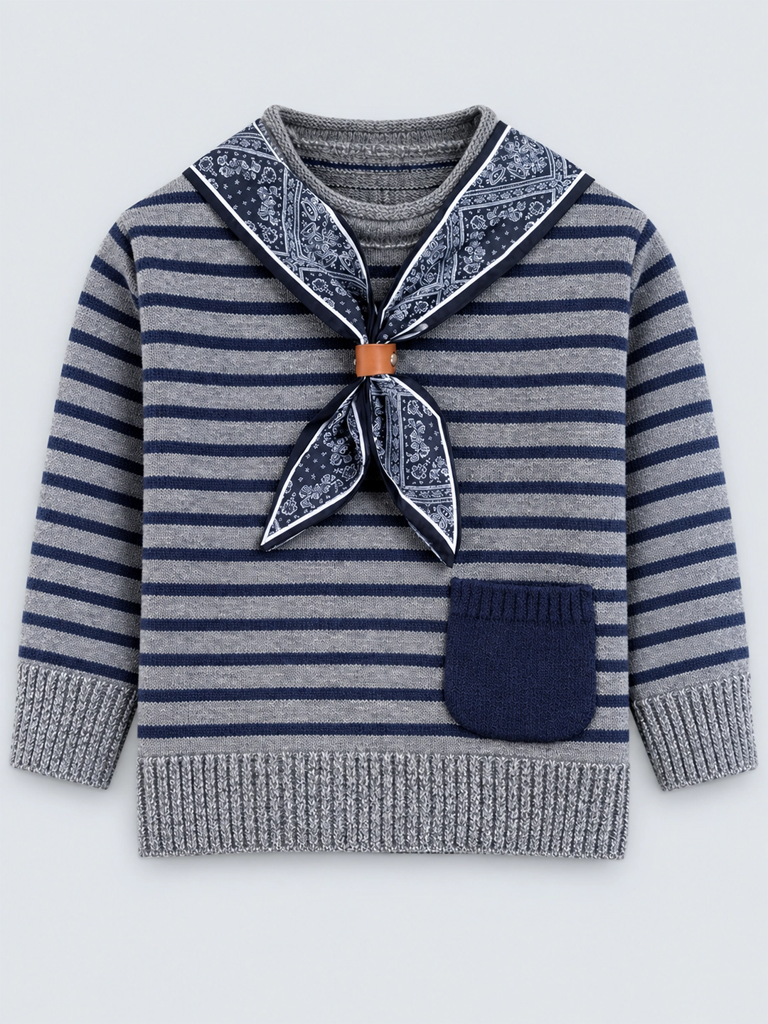 Grey Striped Cardigan with Scarf, Winter Cardigan Sweater for Kids