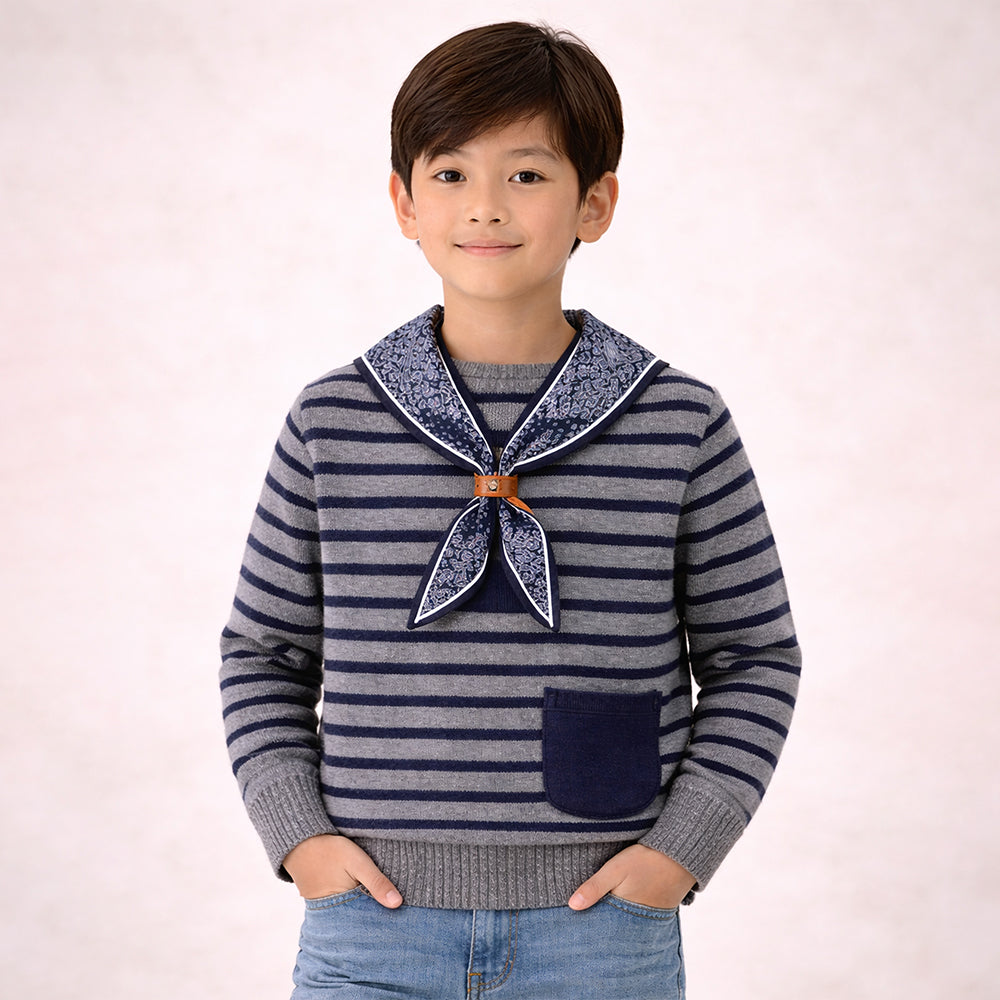 Grey Striped Cardigan with Scarf, Winter Cardigan Sweater for Kids