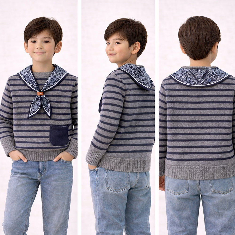 Grey Striped Cardigan with Scarf, Winter Cardigan Sweater for Kids