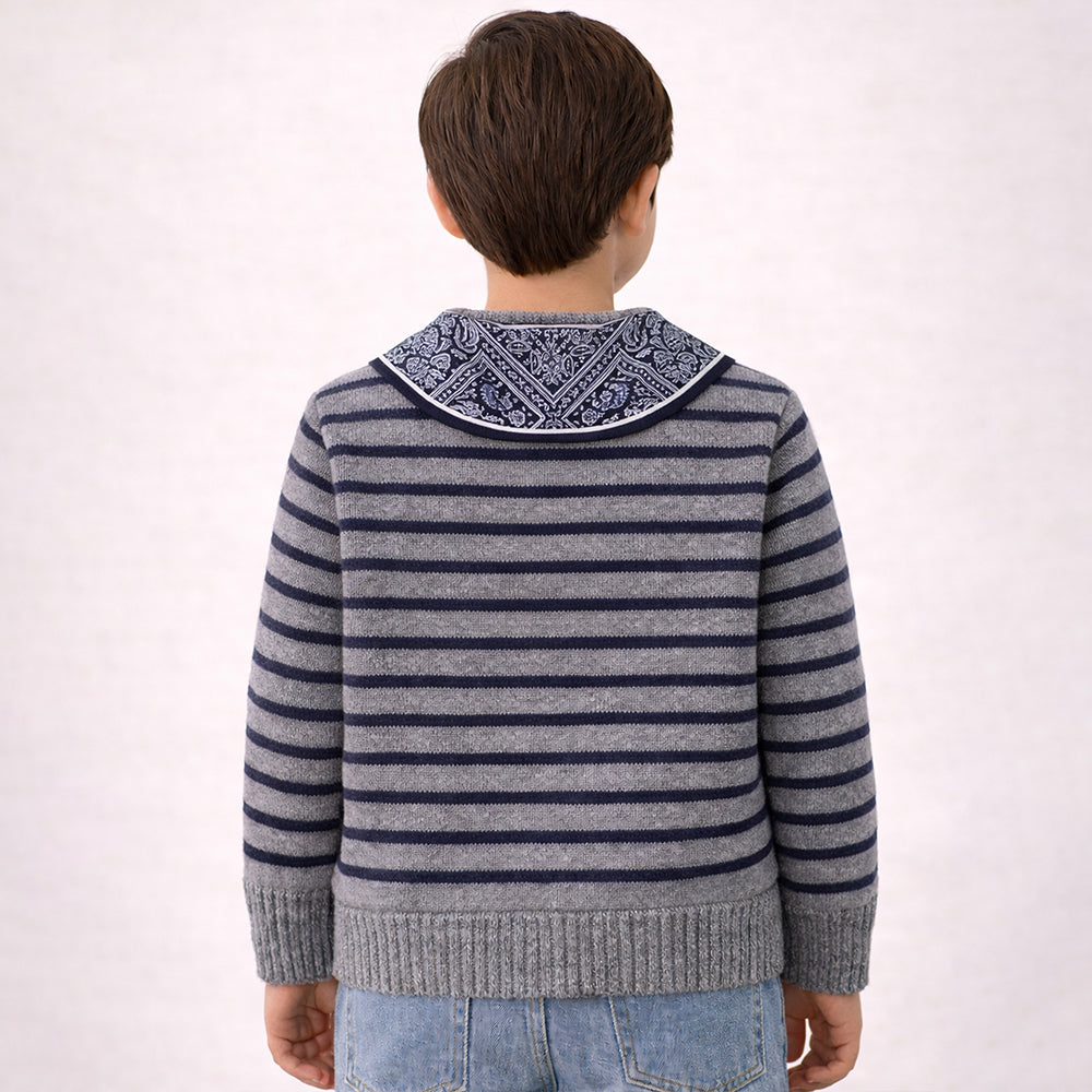 Grey Striped Cardigan with Scarf, Winter Cardigan Sweater for Kids