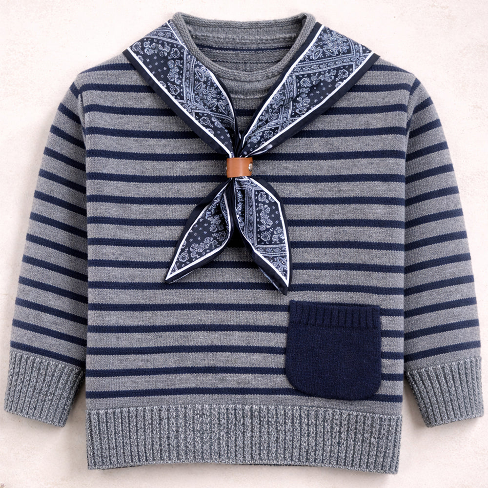 Grey Striped Cardigan with Scarf, Winter Cardigan Sweater for Kids