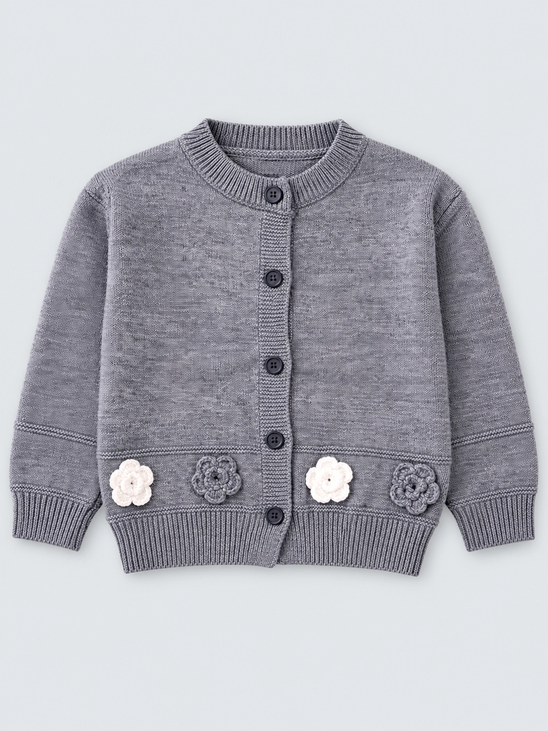 Grey Flower Button- Down Winter Cardigan, Winter Cardigan Sweater for Kids