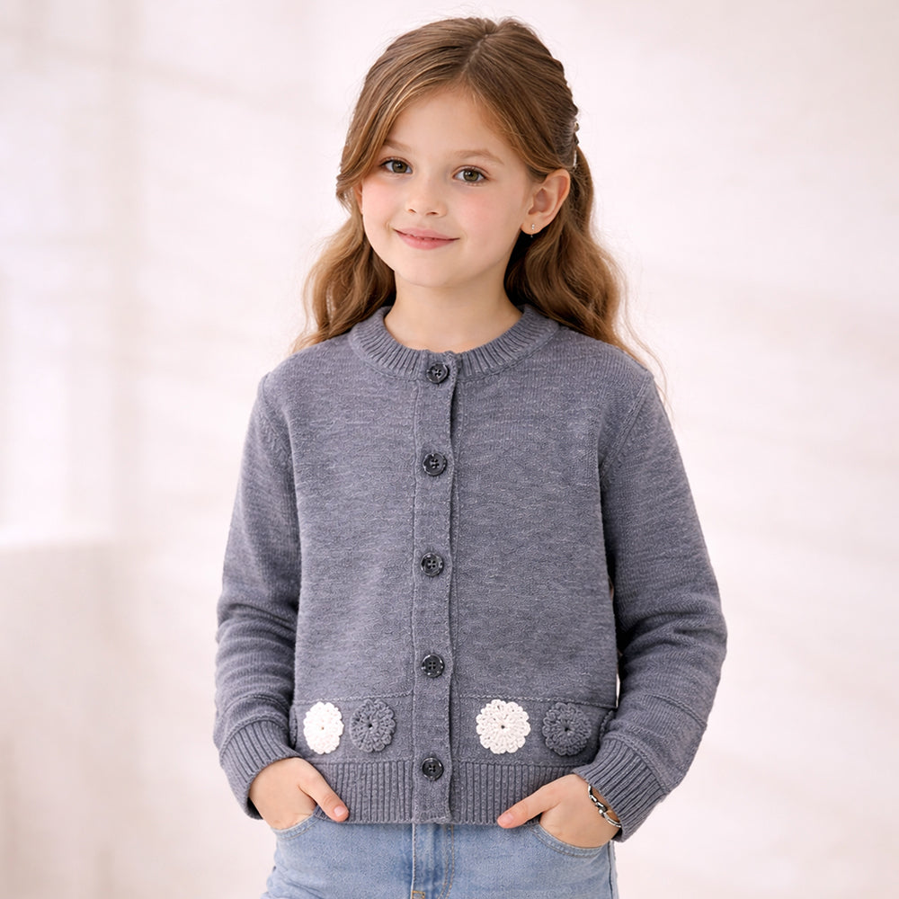 Grey Flower Button- Down Winter Cardigan, Winter Cardigan Sweater for Kids