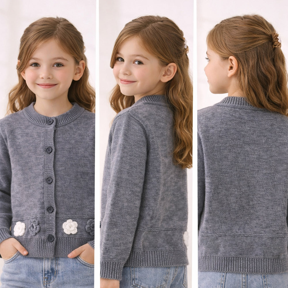 Grey Flower Button- Down Winter Cardigan, Winter Cardigan Sweater for Kids
