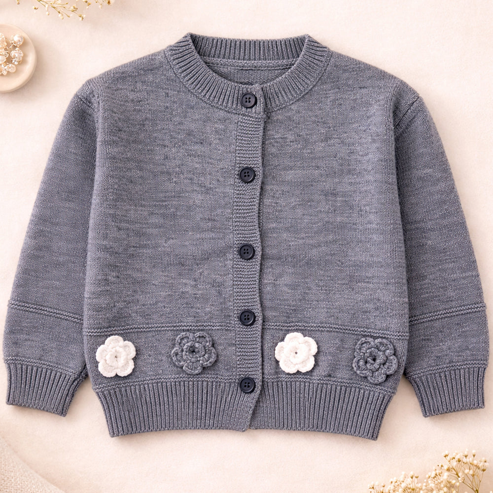 Grey Flower Button- Down Winter Cardigan, Winter Cardigan Sweater for Kids