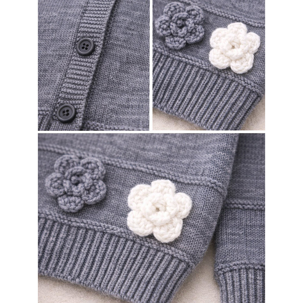 Grey Flower Button- Down Winter Cardigan, Winter Cardigan Sweater for Kids