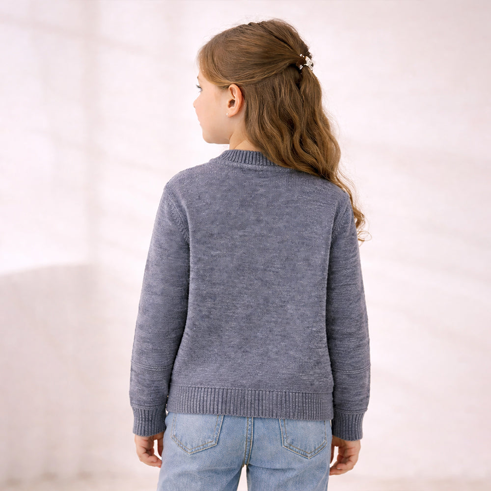 Grey Flower Button- Down Winter Cardigan, Winter Cardigan Sweater for Kids