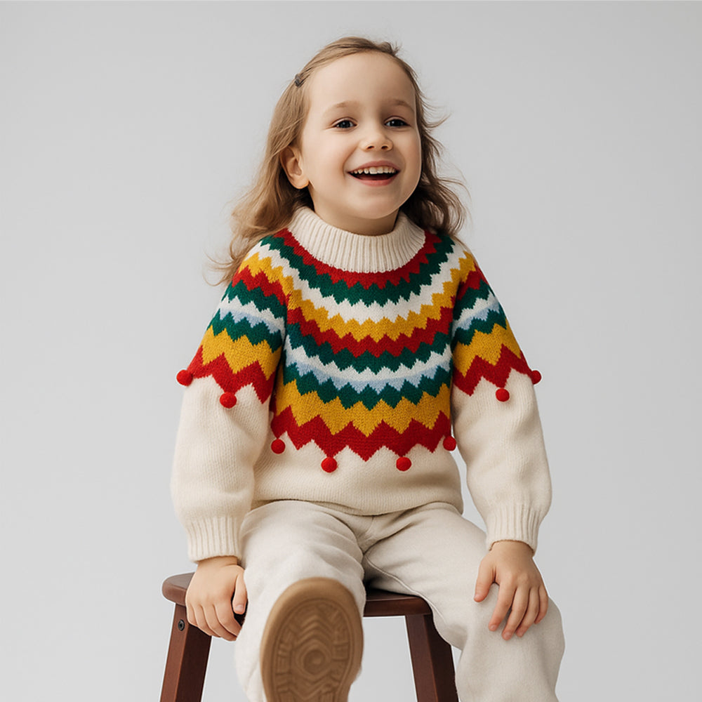 Ivory Multi Colour Xmas Baubles Pompom Style Warmer Cardigan & Christmas Sweater for toddlers & Kids