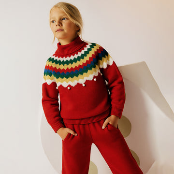 سترة دافئة من الصوف والصوف الكريسماسي متعدد الألوان من مارون مع كرات صوفية للأطفال الصغار والأطفال