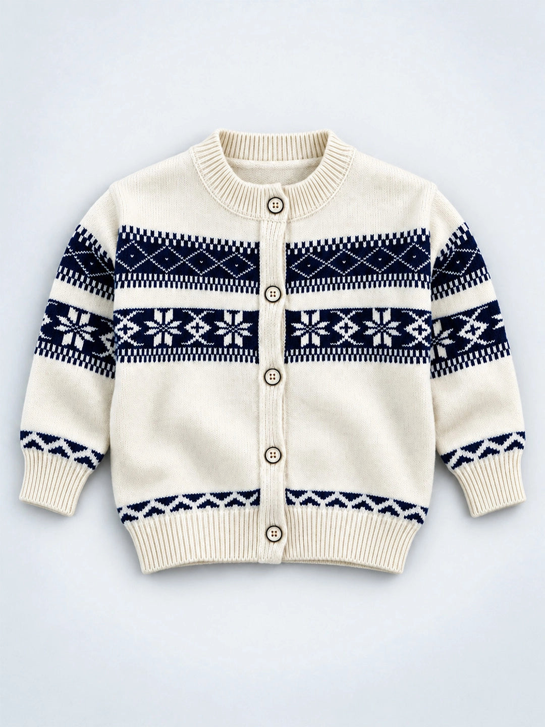 Cream & Navy Blue Nordic Pattern Winter Cardigan Sweater for Kids