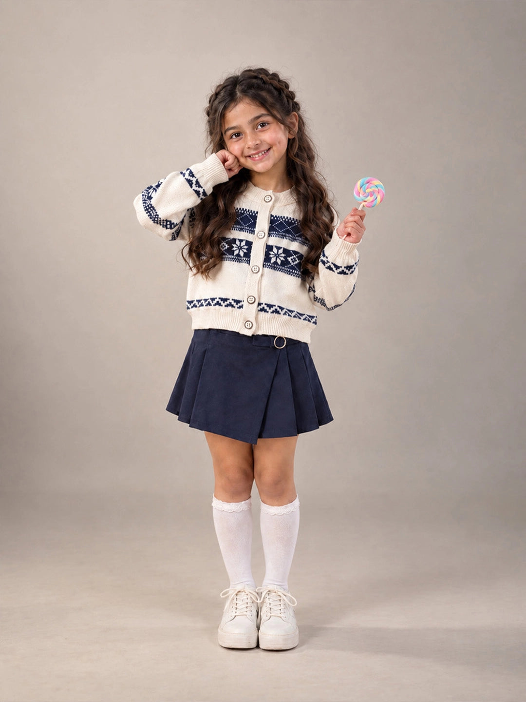 Cream & Navy Blue Nordic Pattern Winter Cardigan Sweater for Kids
