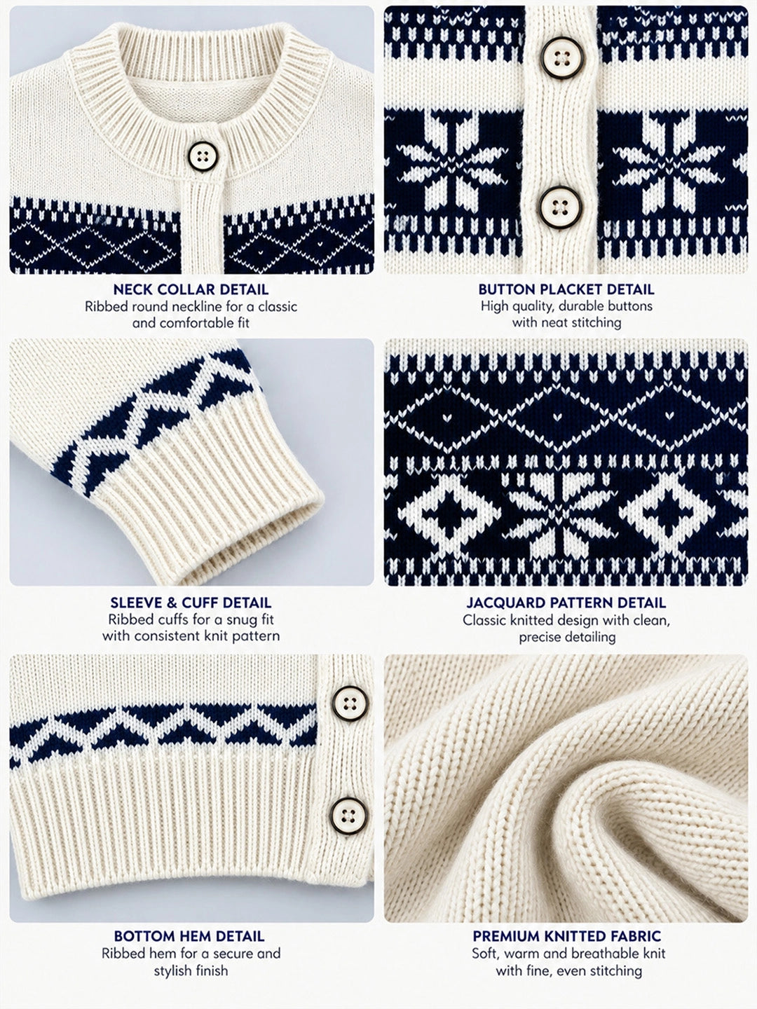 Cream & Navy Blue Nordic Pattern Winter Cardigan Sweater for Kids