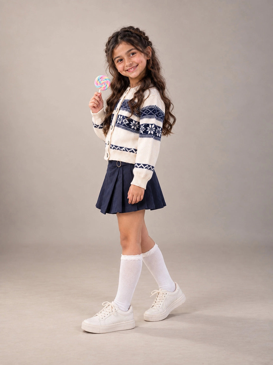 Cream & Navy Blue Nordic Pattern Winter Cardigan Sweater for Kids