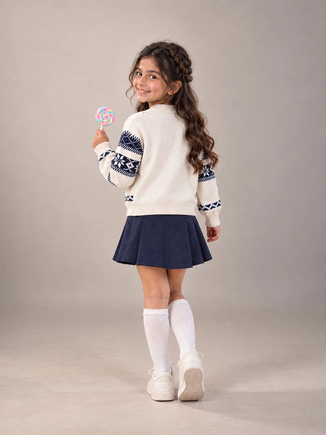 Cream & Navy Blue Nordic Pattern Winter Cardigan Sweater for Kids