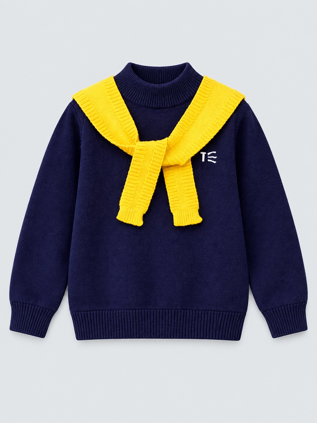 Navy & Yellow Cat Design Cardigan with Muffler, Winter Cardigan Sweater for Kids