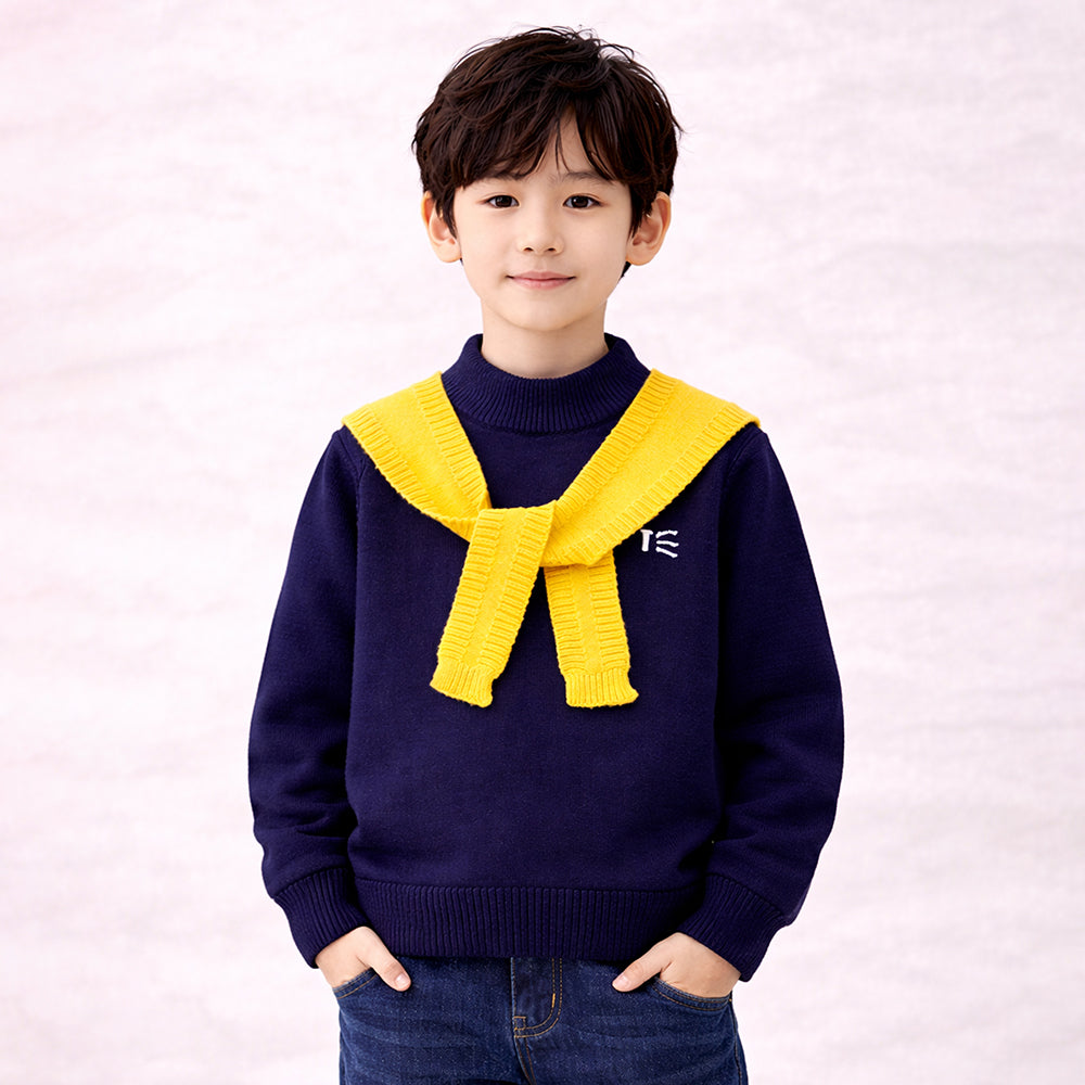 Navy & Yellow Cat Design Cardigan with Muffler, Winter Cardigan Sweater for Kids