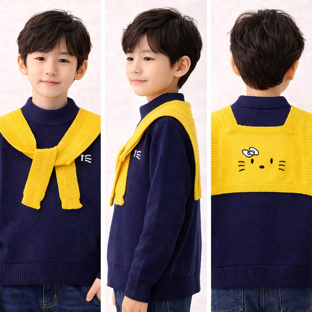 Navy & Yellow Cat Design Cardigan with Muffler, Winter Cardigan Sweater for Kids