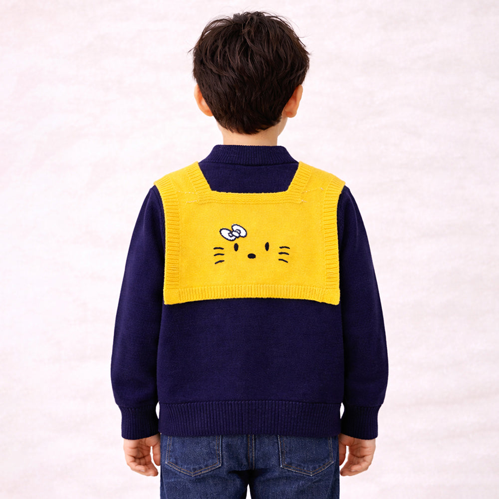 Navy & Yellow Cat Design Cardigan with Muffler, Winter Cardigan Sweater for Kids