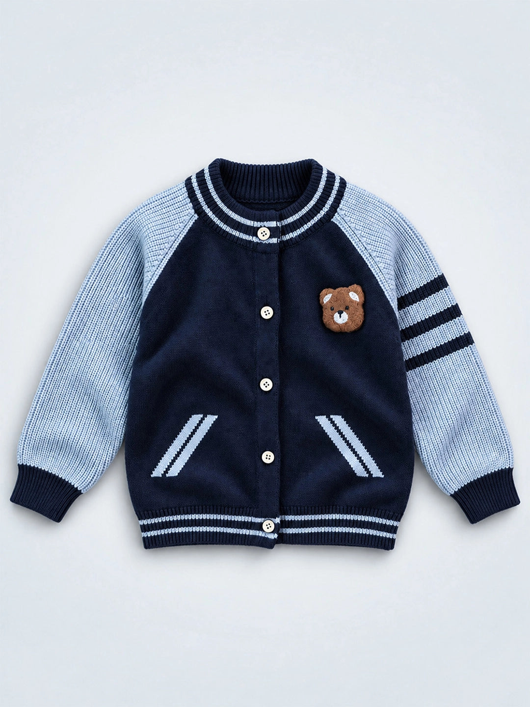Navy Blue & Grey Bear Varsity-Style Winter Cardigan Sweater for Kids