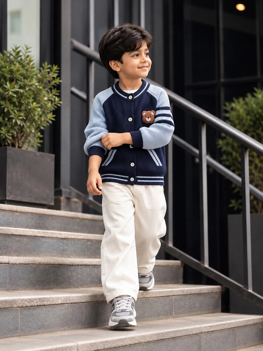 Navy Blue & Grey Bear Varsity-Style Winter Cardigan Sweater for Kids