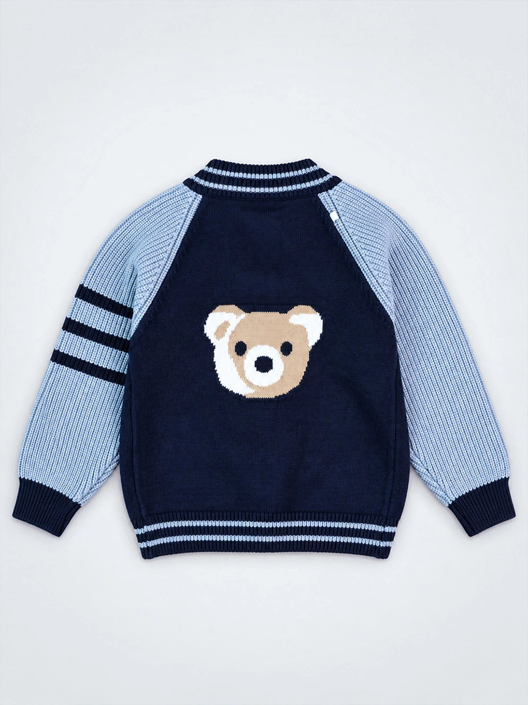 Navy Blue & Grey Bear Varsity-Style Winter Cardigan Sweater for Kids