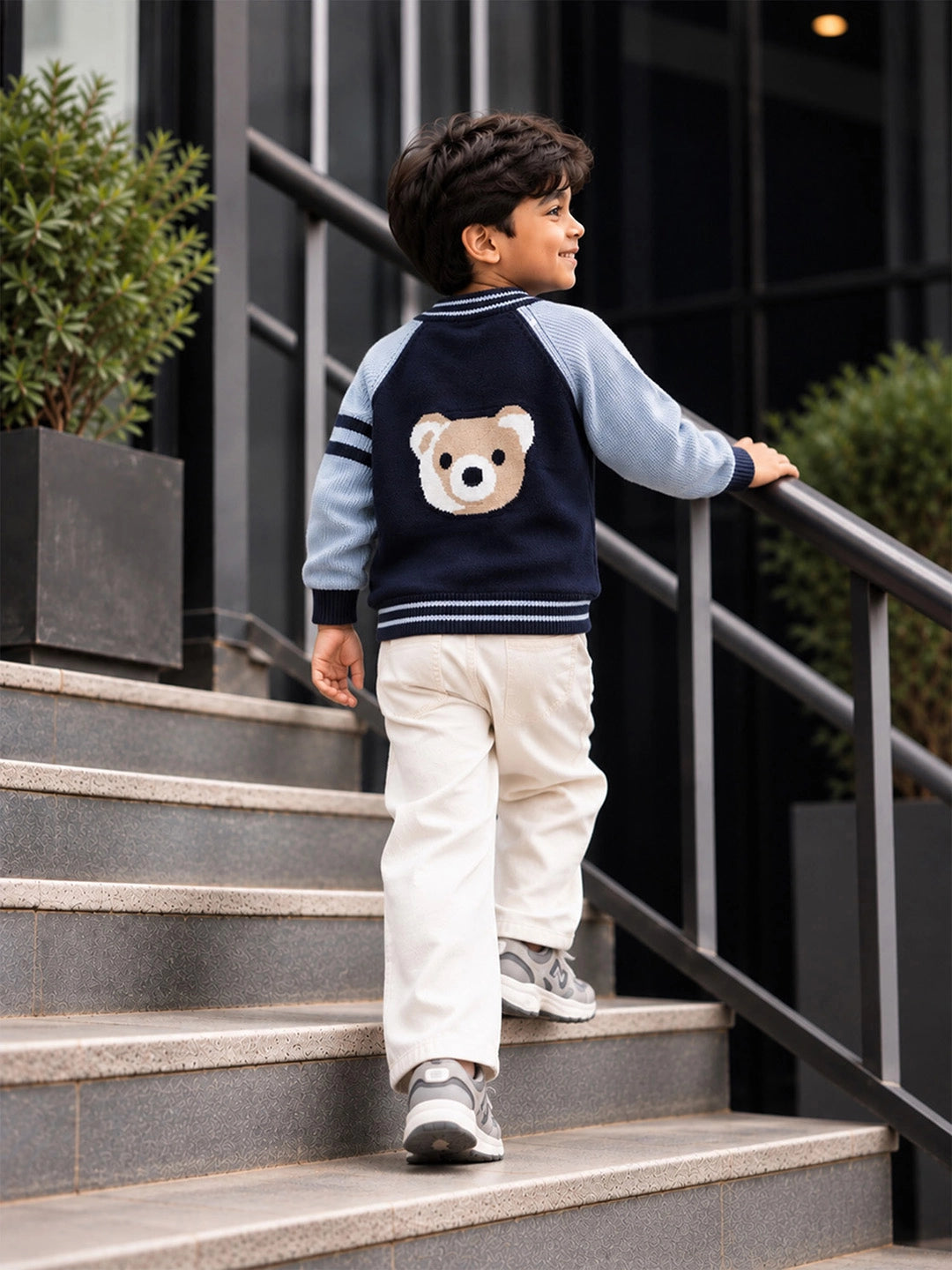 Navy Blue & Grey Bear Varsity-Style Winter Cardigan Sweater for Kids