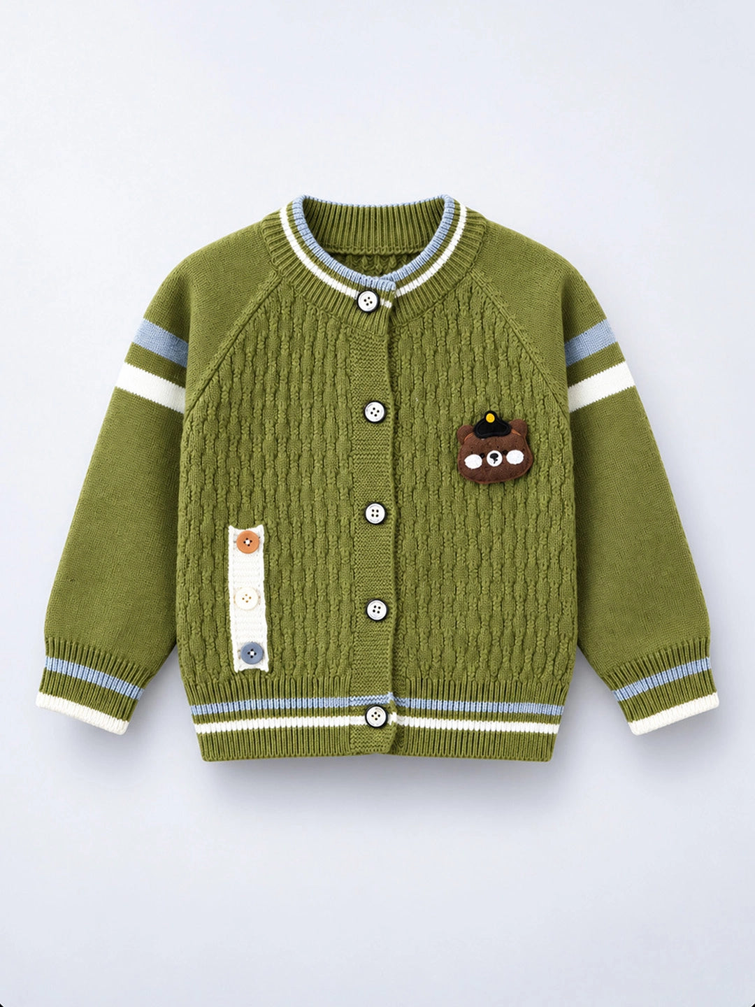 Olive Green Bear Cap Winter Cardigan Sweater for Kids