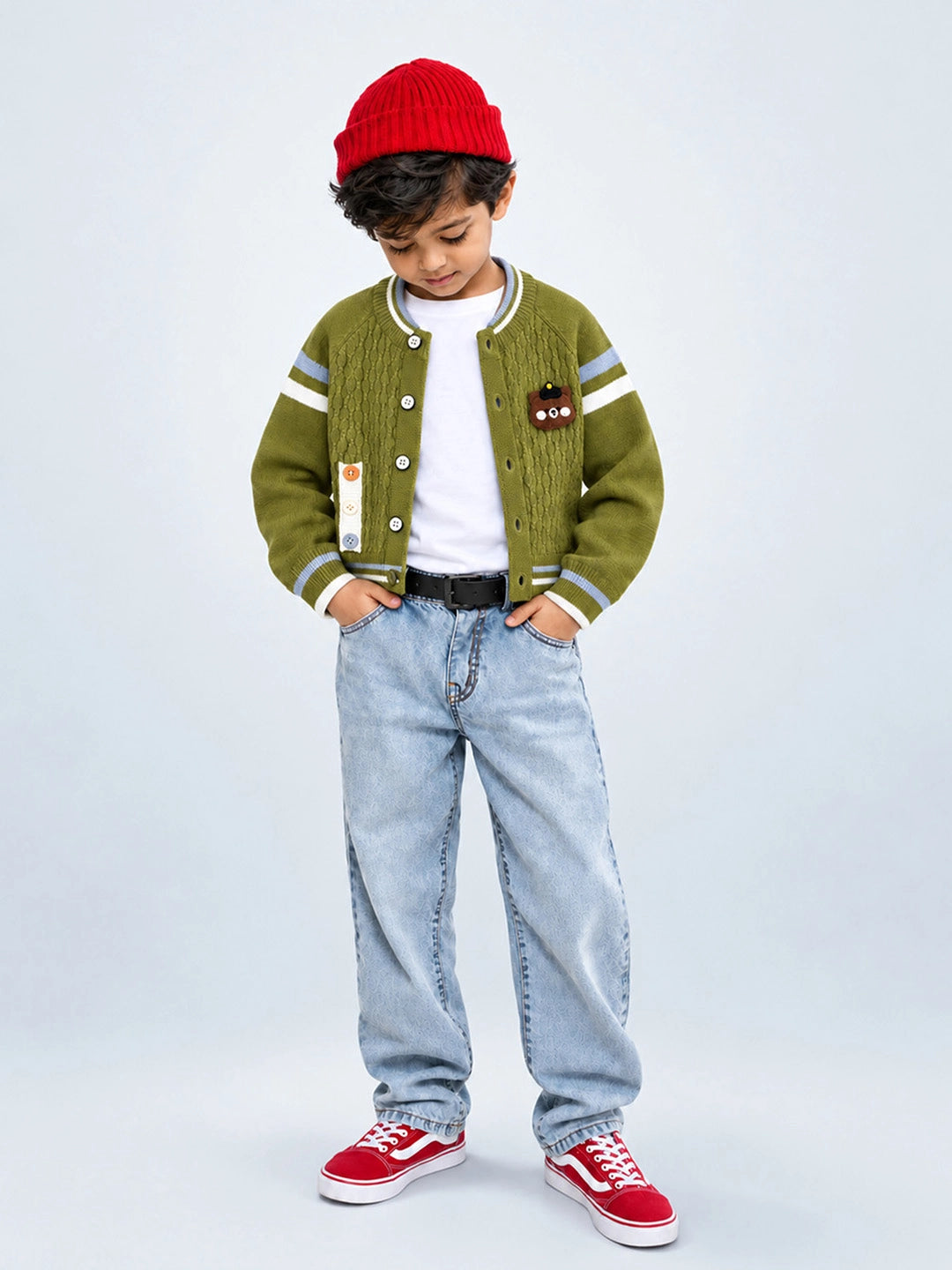 Olive Green Bear Cap Winter Cardigan Sweater for Kids