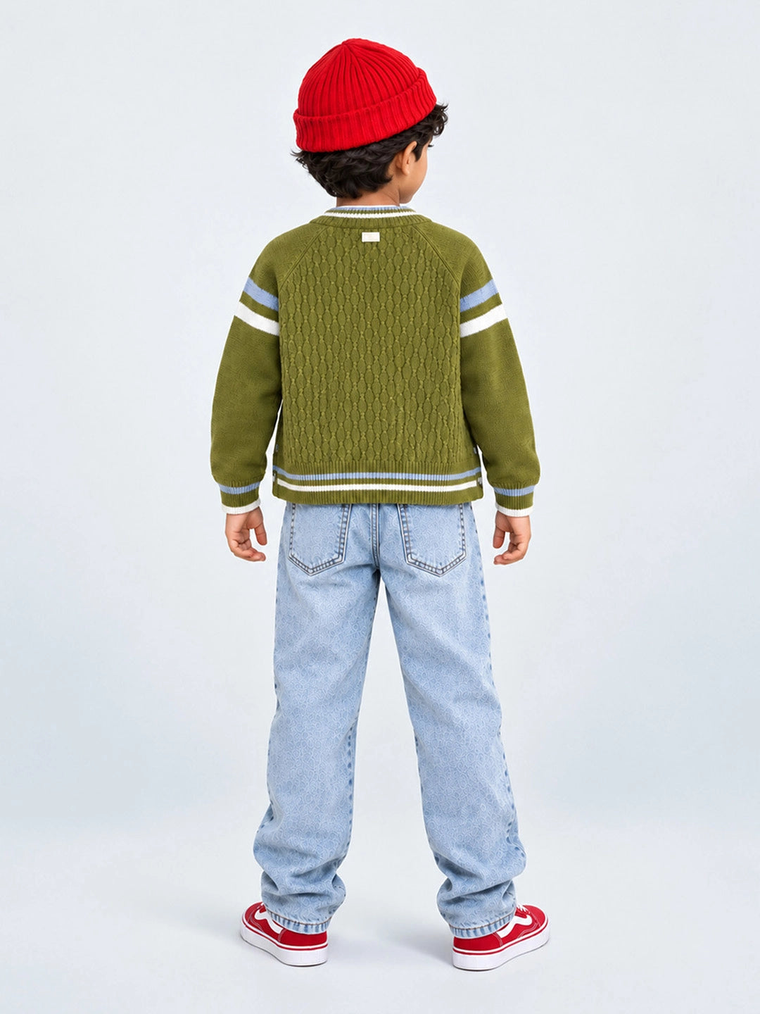 Olive Green Bear Cap Winter Cardigan Sweater for Kids
